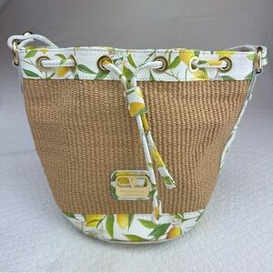 Valentina Raffia Lemon Print Leather Trim Bucket Crossbody